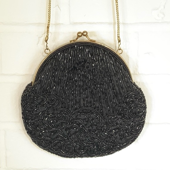 Vintage Black Beaded Evening Clutch Purse w/ Chain - Picture 3 of 10
